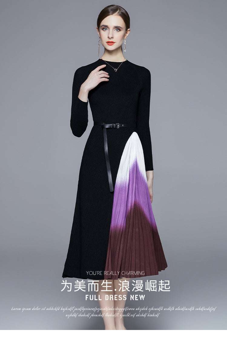 Reese Gradient Patchwork Pleated Midi Dress  Knitted Patchwork Gradient Color Pleated Slim Waist Large Swing Long Dress