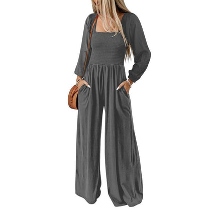 Women's Casual Loose Overalls Jumpsuits One Piece Long Sleeve Wide Leg Long Pant Rompers With Pockets - Seldom Seen Styles