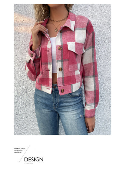 Women's Flannel Cropped Plaid Shacket Jacket Button Down Long Sleeve Shirts Tops