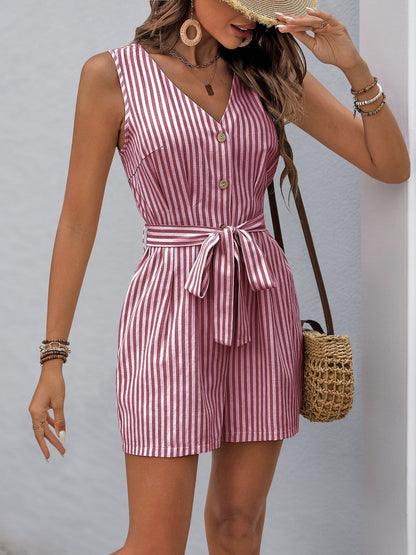 Women's Romper Woven V Neck Sleeveless Waist Tie Wide Leg Stripes Belted Jumpsuit Outfit Casual Dressy