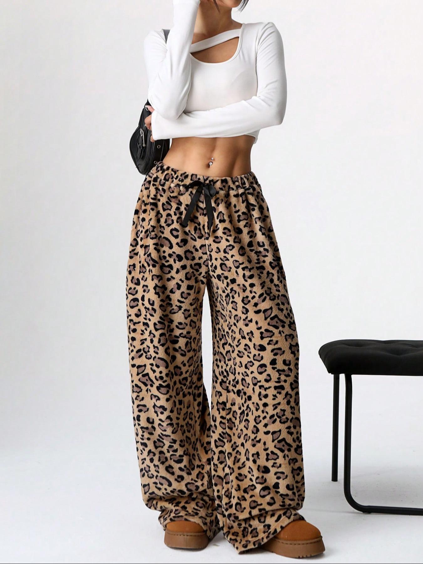 Women's Leopard Print Bow Decor Wide Leg Pants, Casual Comfy Trousers for Daily Wear, Ladies Bottoms for Fall & Winter - Seldom Seen Styles