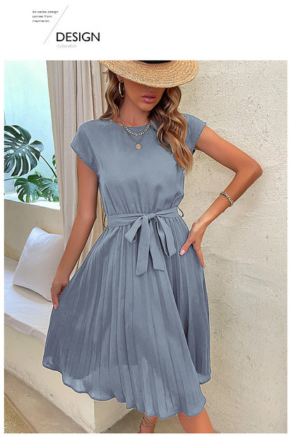 Women Summer Maxi Pleated Dress Casual Cap Sleeve Flowy Swing Loose Fit Midi Dresses Pocket Crew Neck Back Button