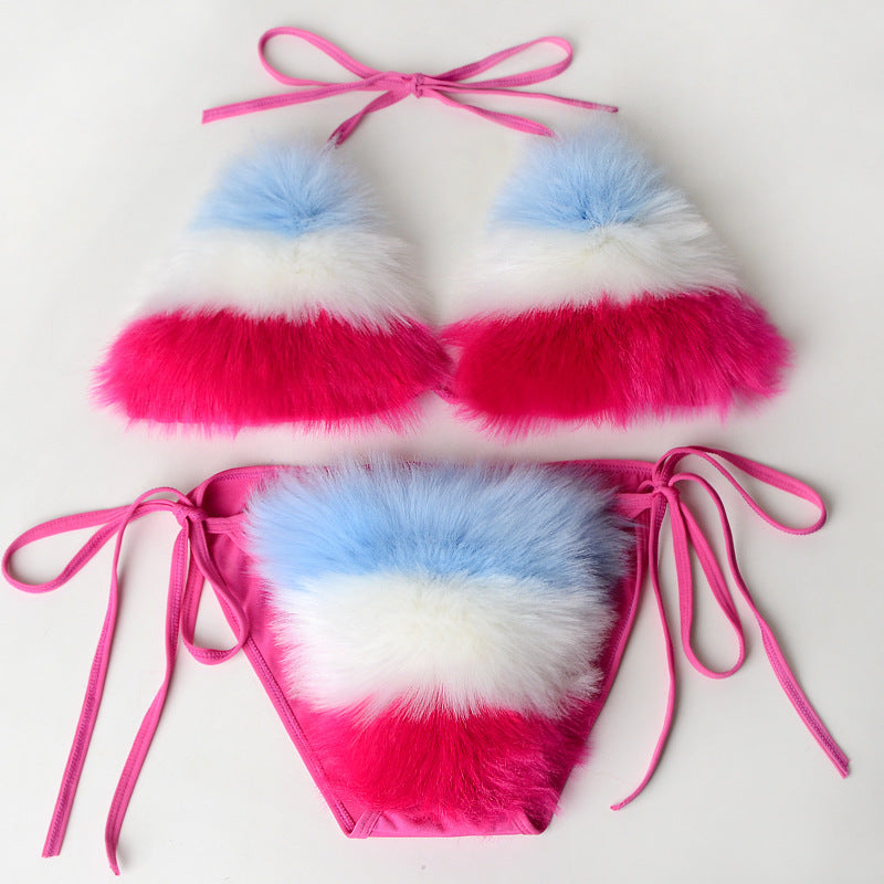 Women Summer Sexy 2 Piece Bikini Set Faux Fur Rainbow Striped Halter Swimsuit Tie Side Bottom Bralette Plush Bathing Suit Party Clubwear