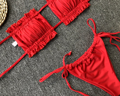 Women 2 Piece Strapless Bikini Swimsuits Ruffle Ribbed Self Tie Bandeau Bikini Set High Cut String Bathing Suits
