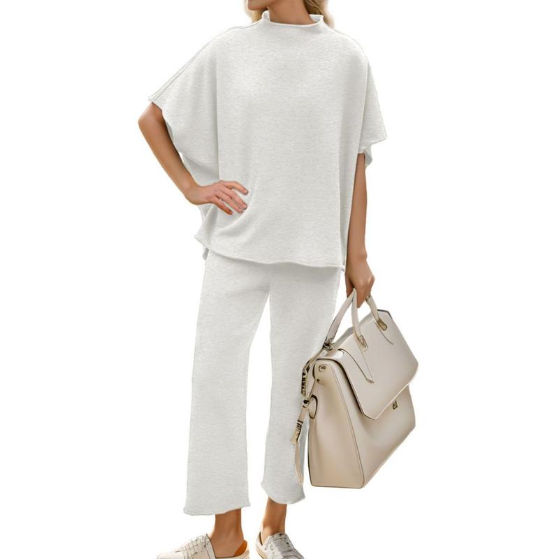 Songling Women Casual Two Piece Outfits 3/4 Batwing Sleeve Capelet CrewNeck Pullover Top Wide Leg Pants Lounge Sets Sweatsuit - Seldom Seen Styles