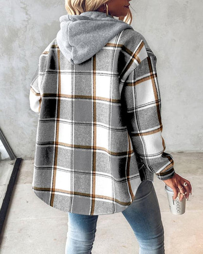 Women's Plaid / Houndstooth Print Button Front Hooded Coat, Casual Longsleeves Pocket Coat for Fall & Winter, Ladies Outerwear for Daily Wear, Womenswear - Seldom Seen Styles