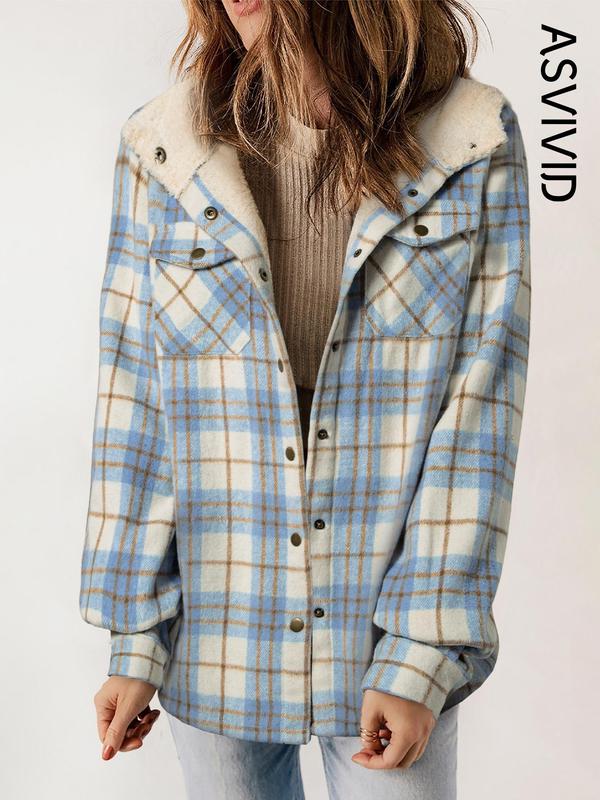 Women's Plaid / Houndstooth Print Button Front Hooded Coat, Casual Long Sleeve Pocket Coat for Fall & Winter, Ladies Outerwear for Daily Wear - Seldom Seen Styles