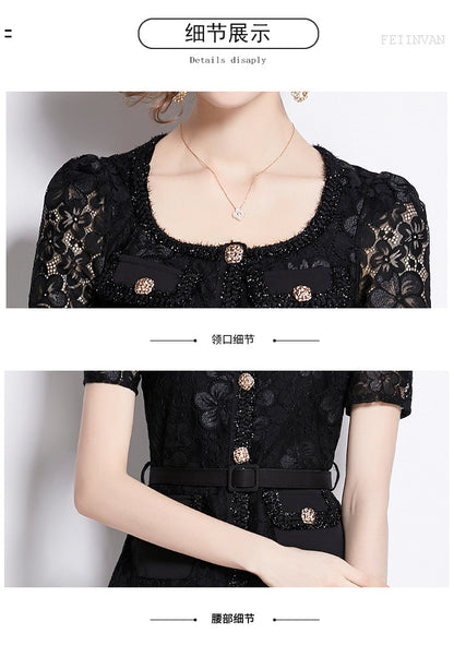 Bella Lace Patchwork Pleated Midi Dress  Patchwork Mid-Length Pleated Dress