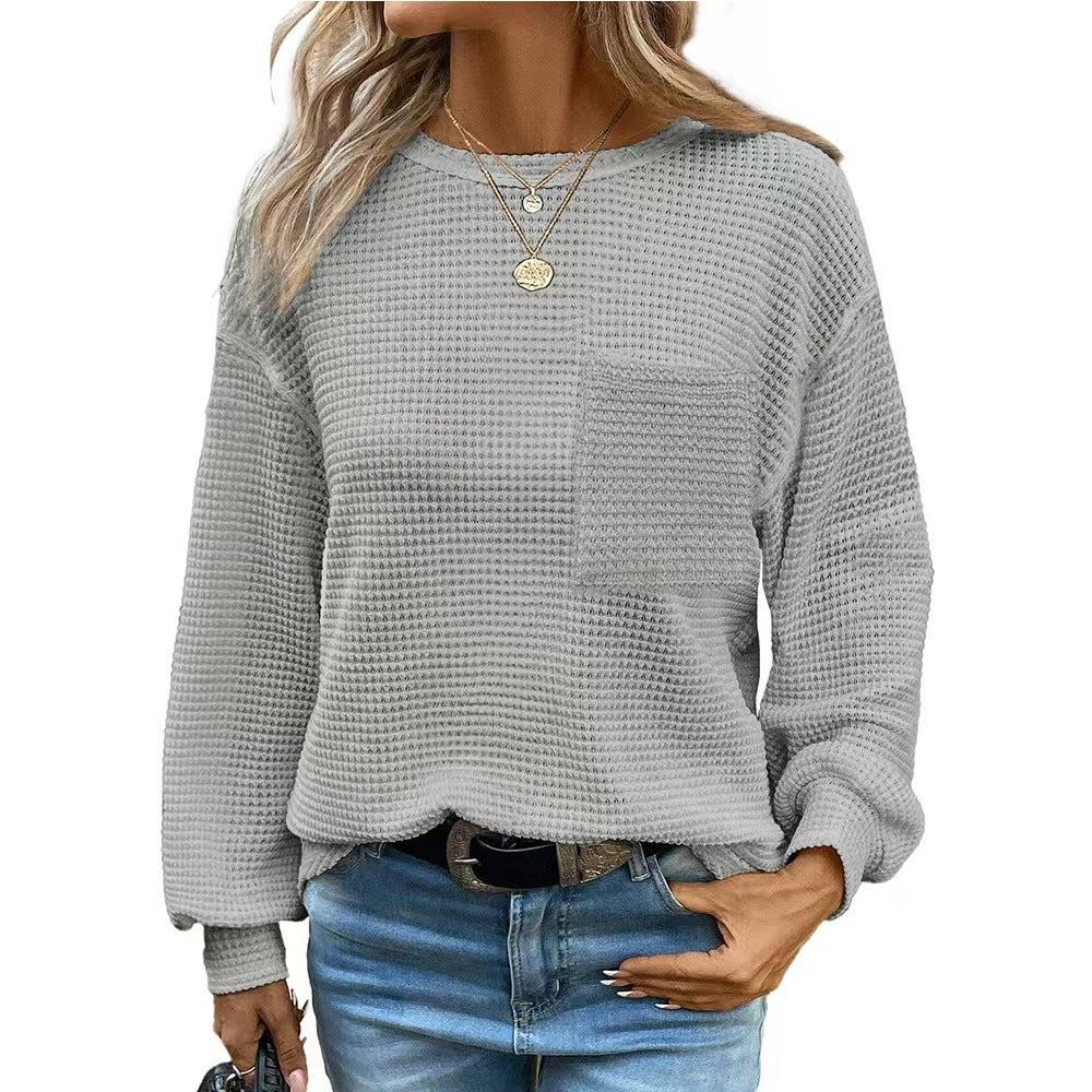 Womens Waffle Knit Tops 2025 Oversized Long Sleeve Crewneck Shirts Business Casual Blouses Basic Shirts - Seldom Seen Styles