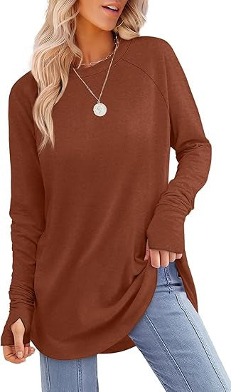Womens Tunic Tops to Wear with Leggings Long Sleeve Thumb Hole Shirts Crew Neck Curved Hem - Seldom Seen Styles