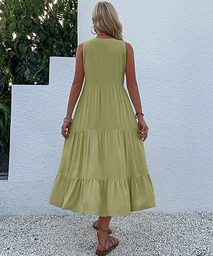Summer Flowy Maxi Dress with Pockets Sleeveless Loose Casual Sundress V-Neck Tiered Sun Dress for Beach Cruise Vacations