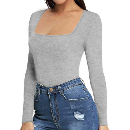 Women's Sexy Square Neck Bodysuit Long Sleeve Double Lined Shirt Tops