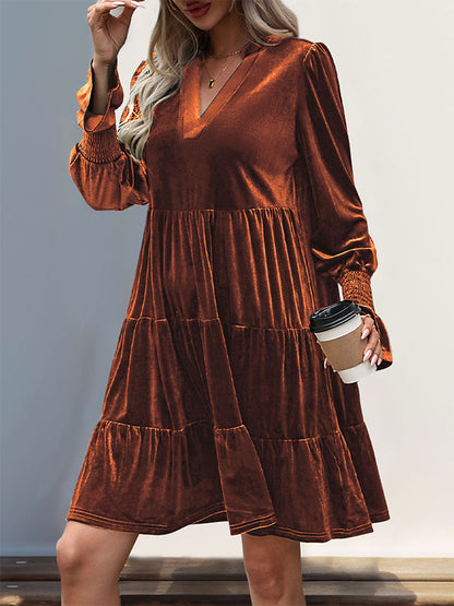 2024 Women’s Elegant Velvet Long Sleeve Dress Casual Fall V Neck A Line Babydoll Flowy Formal Wedding Party Mini Dress