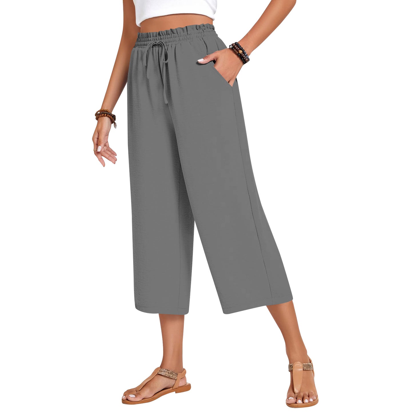 Women's Capri Pants Drawstring Casual Palazzo Trousers with Pockets Loose High Waisted Wide Leg Lounge Pants - Seldom Seen Styles