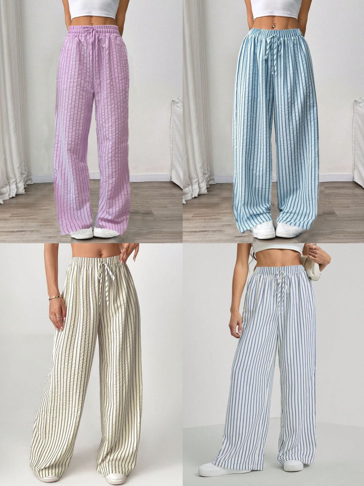 Women's Casual Striped Wide Leg Pants Drawstring Elastic Waist Dress Palazzo Pants with Pockets - Seldom Seen Styles
