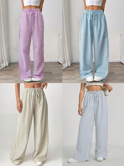 Women's Casual Striped Wide Leg Pants Drawstring Elastic Waist Dress Palazzo Pants with Pockets - Seldom Seen Styles