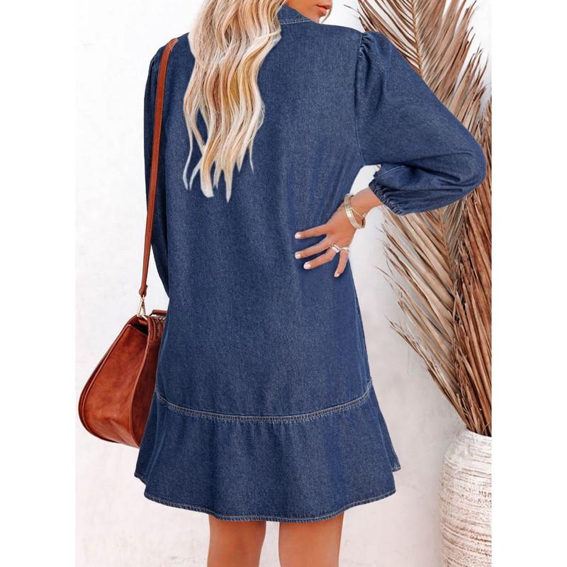Denim Dress for Women Fashion Fall Casual Babydoll 2025 V Neck 3/4 Puff Sleeve Jean Dresses - Seldom Seen Styles