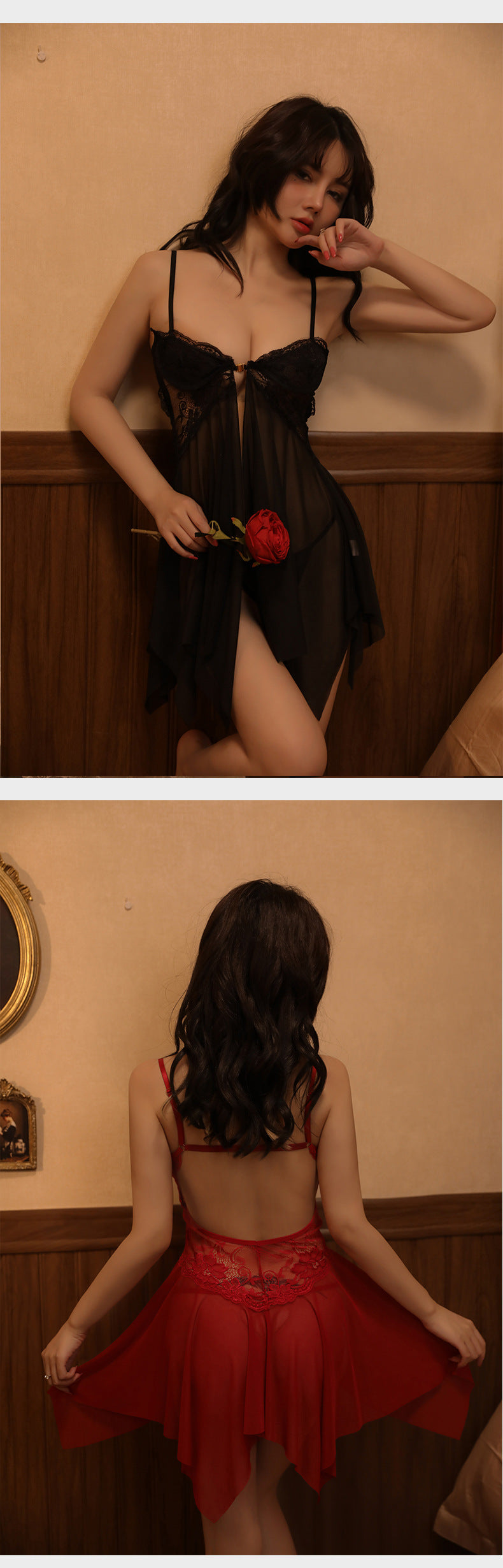 Sexy Lingerie with Front Buckle, Sheer Mesh Temptation Nightdress, Hot Split Strap Nightgown