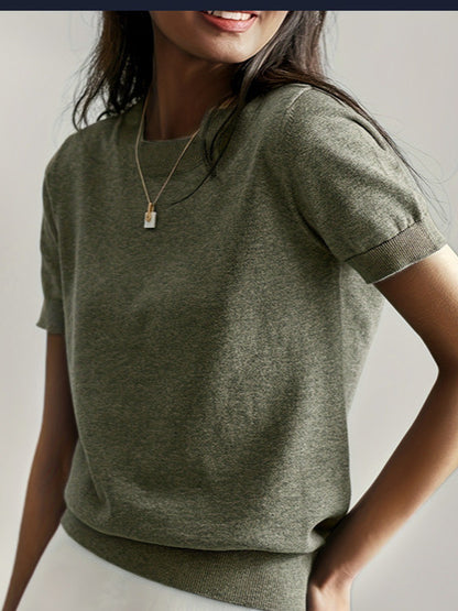 Women's Solid Color Crew Neck Short Sleeve Sweater, Chic Casual Basic Knit Pullover for Spring & Fall, Fashion Women's Knitwear for Daily Wear, Womenswear - Seldom Seen Styles