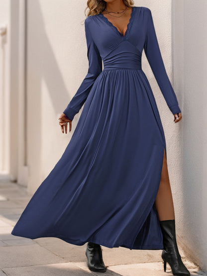 Women Deep V Neck Long Sleeve Slit 2025 Fall Elegant Formal Wedding Guest Cocktail Evening Date Prom Maxi Long Dress