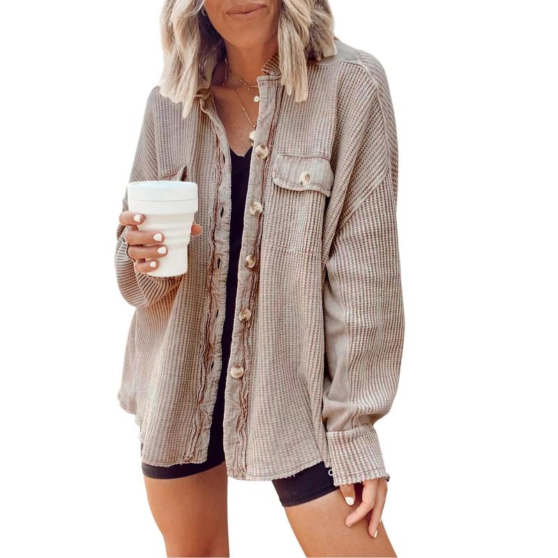 Women's Loose Fit Batwing Sleeve Waffle Knit Button Down Shirt Shacket Tops - Seldom Seen Styles