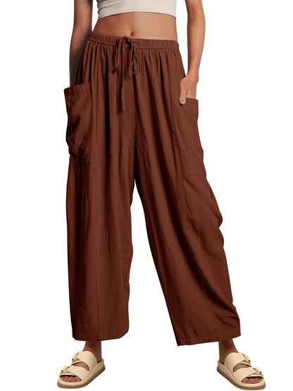 Womens Wide Leg Pants Casual Loose Drawstring Flowy Summer Beach Palazzo Harem Pants with Pockets - Seldom Seen Styles