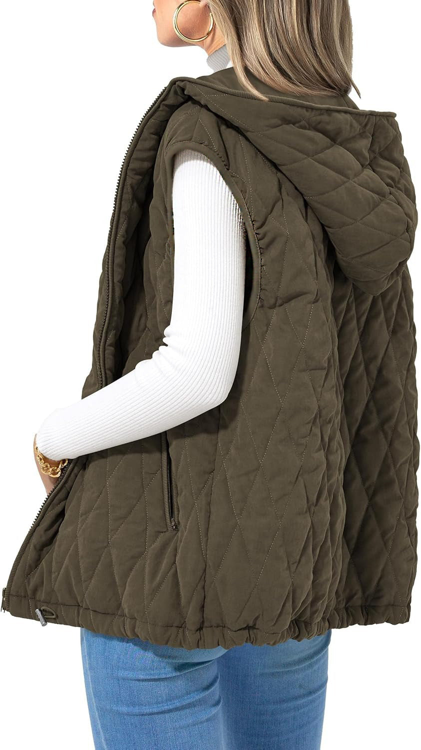 Women's Quilted Vest Casual Sleeveless Hooded Zip Up Diamond pattern Jacket With Pockets Winter Coat Outerwear Minimalist Top - Seldom Seen Styles