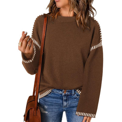 Sweaters for Women Fashion Solid Crewneck Loose Fit Long Sleeve Contrast Cable Knit Pullover Sweater Jumper Tops Knitwear Womenswear Knitwear Womenswear - Seldom Seen Styles