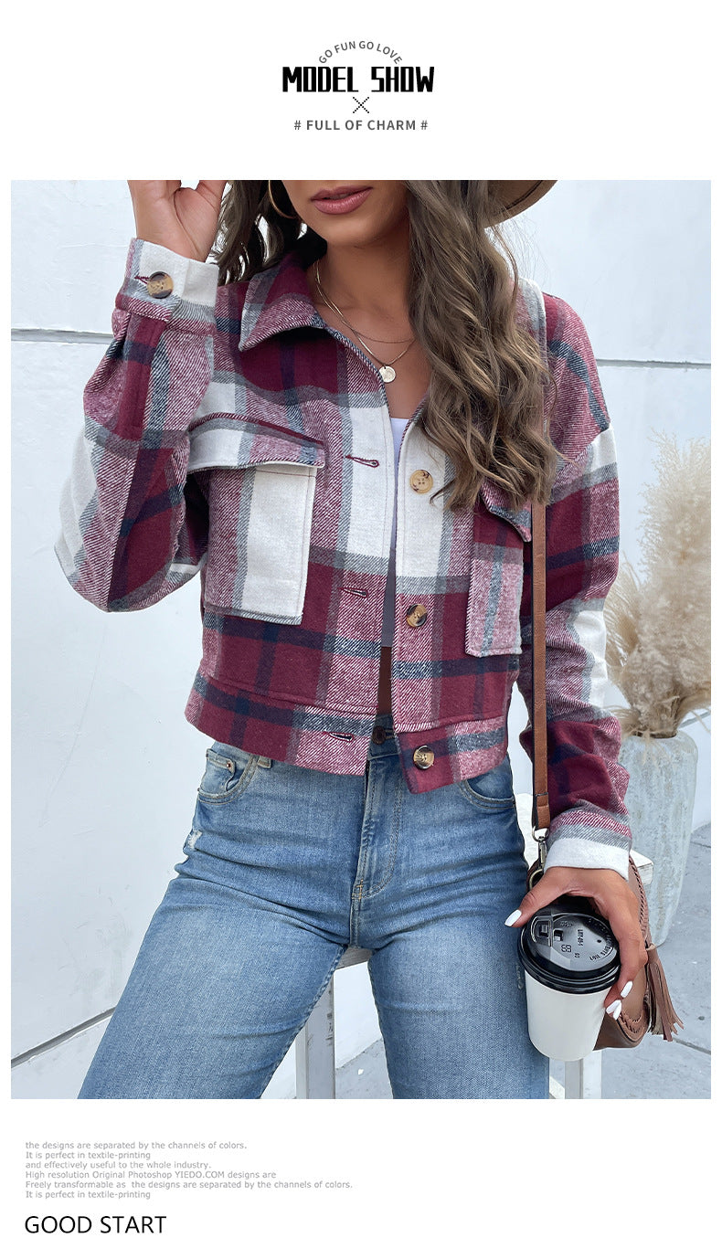 Women's Flannel Cropped Plaid Shacket Jacket Button Down Long Sleeve Shirts Tops