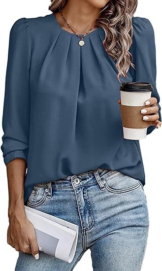 Womens Tops Dressy Casual Pleated Crew Neck Long Sleeve Shirts Office Work Chiffon Blouses - Seldom Seen Styles