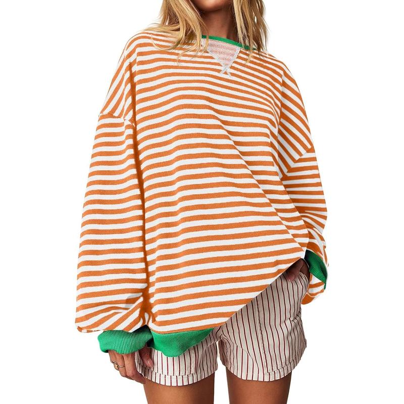 【Up To 3XL】Fisace Christmas Womenswear Striped Oversized Sweatshirt Color Block Crew Neck Long Sleeve Shirt Casual Loose Pullover Top Y2K Clothes back to school - Seldom Seen Styles