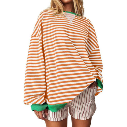 【Up To 3XL】Fisace Christmas Womenswear Striped Oversized Sweatshirt Color Block Crew Neck Long Sleeve Shirt Casual Loose Pullover Top Y2K Clothes back to school - Seldom Seen Styles