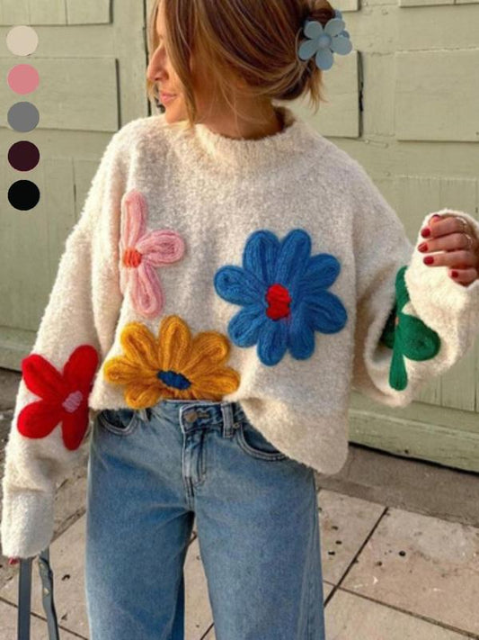 Plus Size Colorblock Floral Embroidered Drop Shoulder Sweater-Pullover, Casual Long Sleeve Mock Neck Jumper for Fall & Winter, Women's Plus Clothing for Daily Wear - Seldom Seen Styles