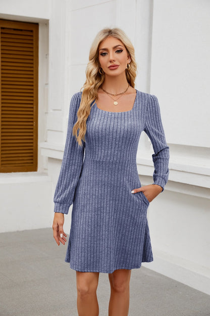 Womens Babydoll Dresses Square Neck Long Sleeve Knee Length Flowy Swing Shirring Mini Dresses Fall Dress