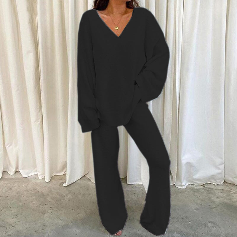 Women's Casual 2-Piece Lounge Set Soft Chunky V Neck Tops Wide Leg Long Pants Basic Tracksuit Lounge Wear Minimalist Womenswear - Seldom Seen Styles