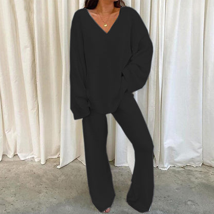 Women's Casual 2-Piece Lounge Set Soft Chunky V Neck Tops Wide Leg Long Pants Basic Tracksuit Lounge Wear Minimalist Womenswear - Seldom Seen Styles