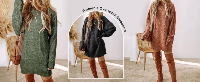 2025 Women's Round Neck Long Sleeve Sweater Dress Casual Loose Fit Cable Knit Pullover Mini Dress - Seldom Seen Styles