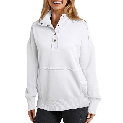 2025 Women's Fall Pullover Mockneck Button Down Ribbed Fit Lightweight Cozy Oversized Long Sleeve Sweatshirt Kangaroo Pocket for Everyday Wear - Seldom Seen Styles