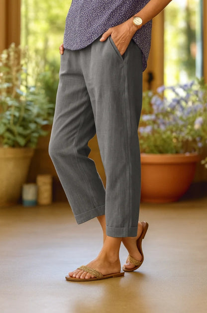 Linen Pants Women Summer Elastic Waist Straight Leg Plus Size Crop Pants Casual Beach Trousers with Pockets - Seldom Seen Styles