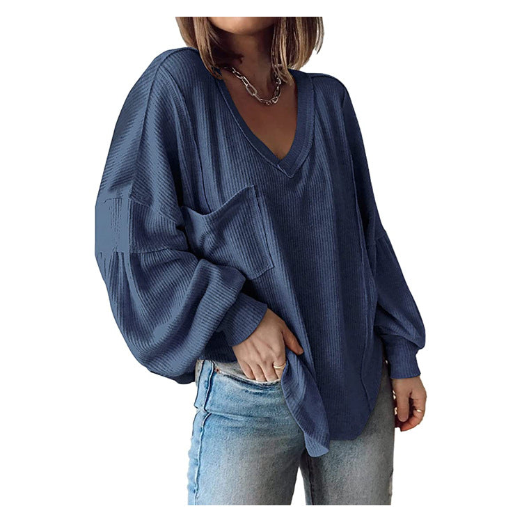 Women's Casual Basic V-Neck Ribbed Knitted Shirts Pullover Tunic Tops Loose Balloon Sleeve Blouses Top - Seldom Seen Styles