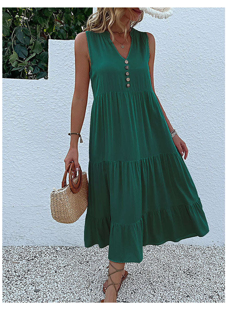 Summer Flowy Maxi Dress with Pockets Sleeveless Loose Casual Sundress V-Neck Tiered Sun Dress for Beach Cruise Vacations