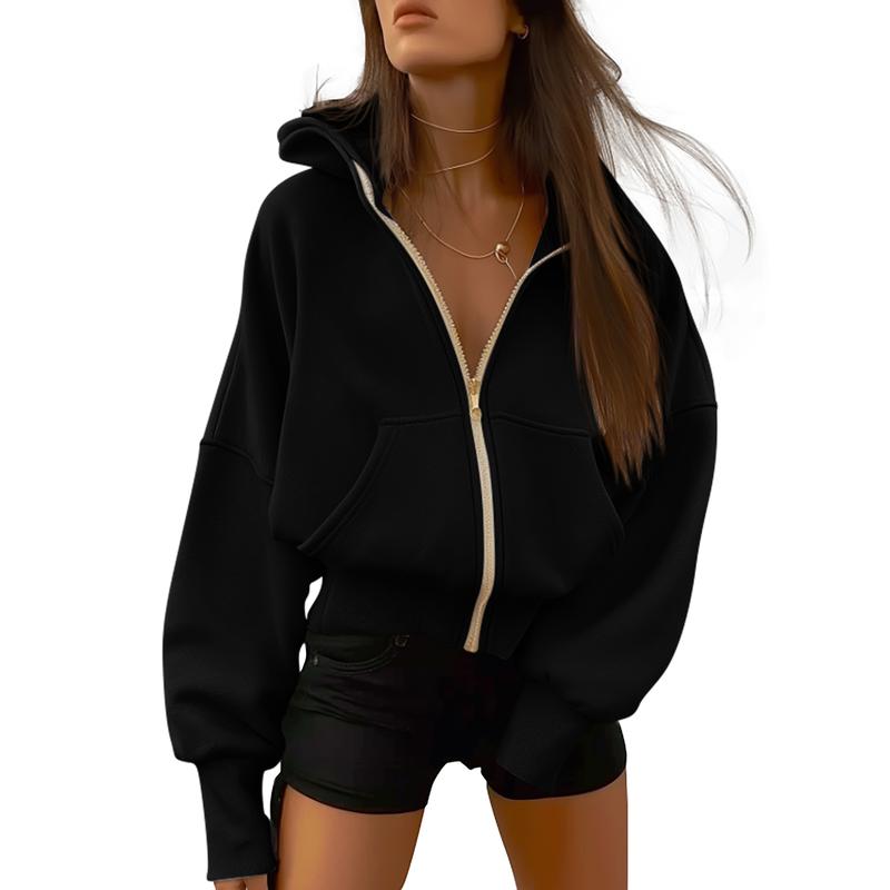 Women's Gold Zipper Hoodie Long Sleeve Fleece Y2K Style Casual Sweatshirt with Pockets for Fall Winter Clothes - Seldom Seen Styles