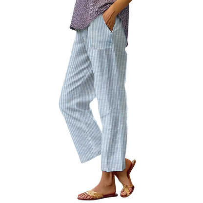 Women's Linen Pants, Side Stripe, Elastic Waist, Straight Leg, Summer Beach Vacation - Seldom Seen Styles