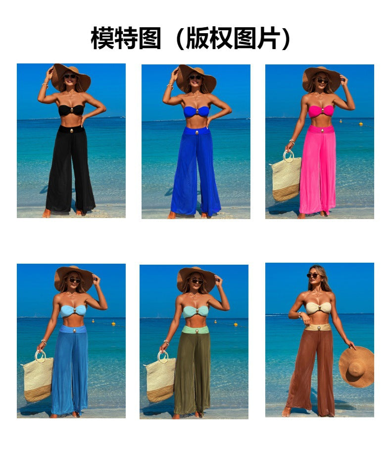 3 Piece Swimsuits for Women Tummy Control Bikini Set with Beach Cover Up Mesh Pants Sexy Tube Tops Swimwear - Seldom Seen Styles