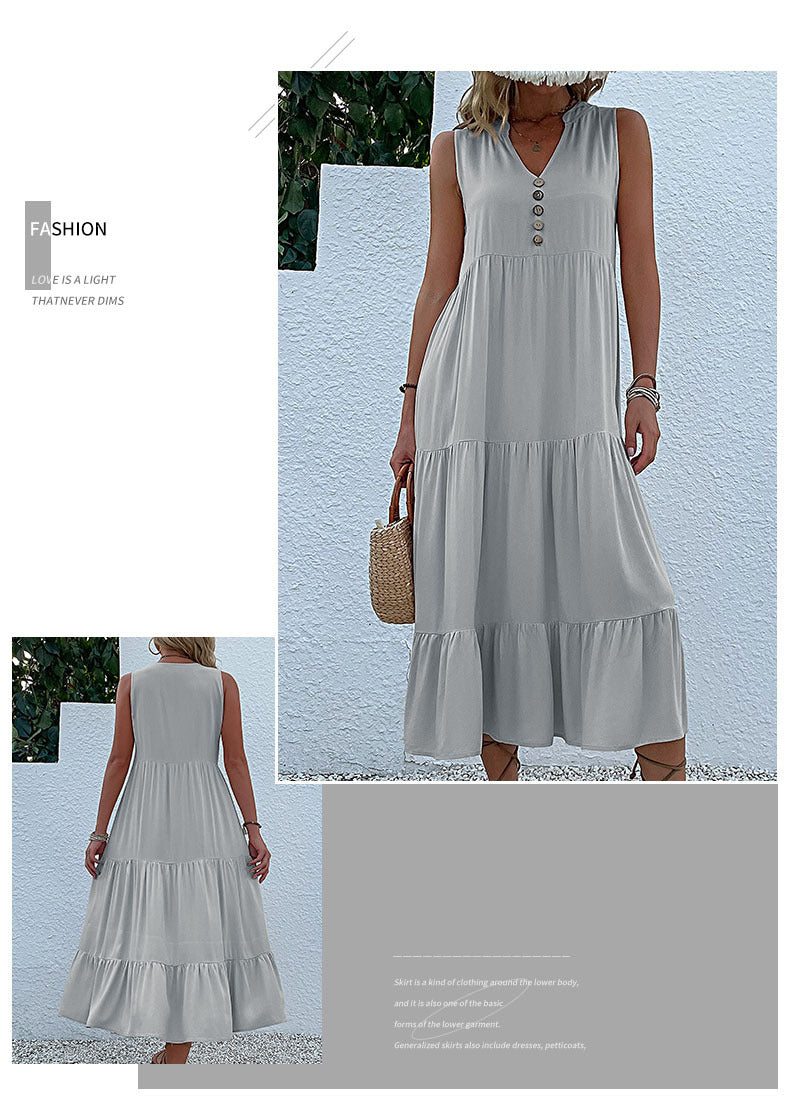 Summer Flowy Maxi Dress with Pockets Sleeveless Loose Casual Sundress V-Neck Tiered Sun Dress for Beach Cruise Vacations