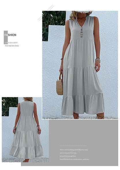 Summer Flowy Maxi Dress with Pockets Sleeveless Loose Casual Sundress V-Neck Tiered Sun Dress for Beach Cruise Vacations