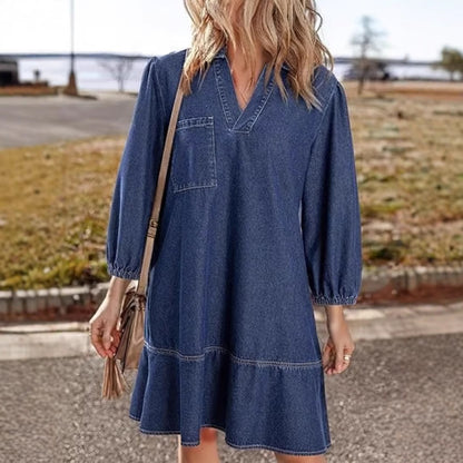 Denim Dress for Women Fashion Fall Casual Babydoll 2025 V Neck 3/4 Puff Sleeve Jean Dresses - Seldom Seen Styles
