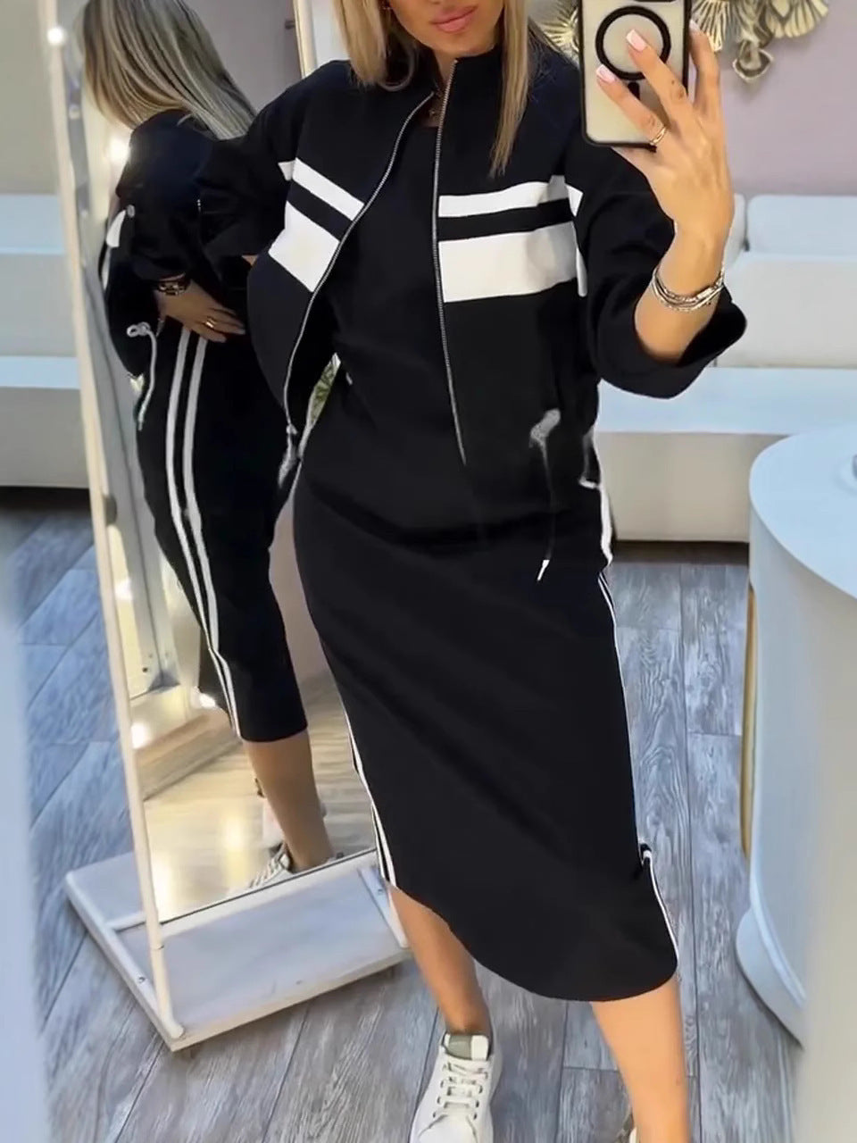 Olive Green Two Piece Skirt Set for Women – Casual Chic Midi Dress with Zip-Up Long Sleeve Jacket - Seldom Seen Styles