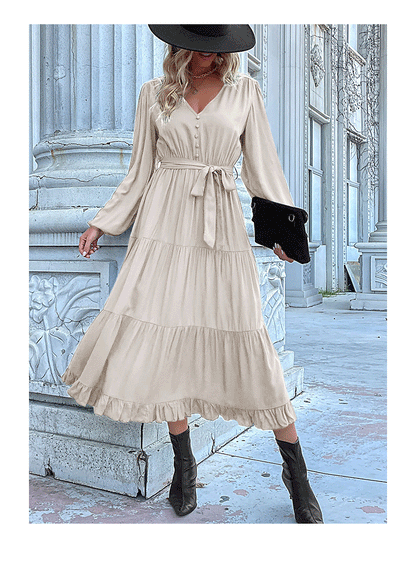 Women's Spring Dresses 2025 Long Sleeve V Neck Button Down Belted A-Line Flowy Ruffle Maxi Shirt Dress Pockets