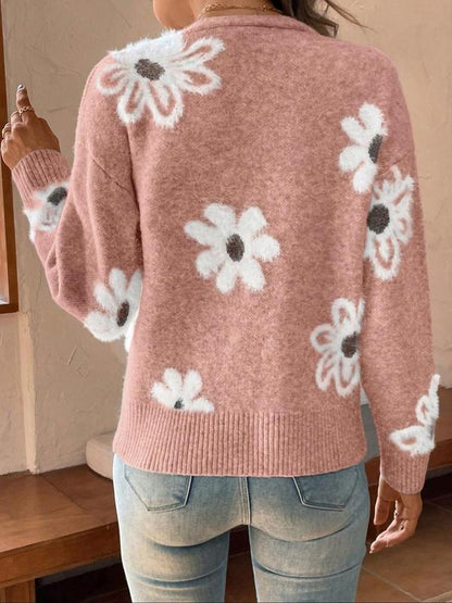 Plus Size Floral Print Button Front Cardigan, Casual Drop Shoulder  V Neck Knitwear for Fall & Winter, Women's Plus Clothing for Daily Wear - Seldom Seen Styles